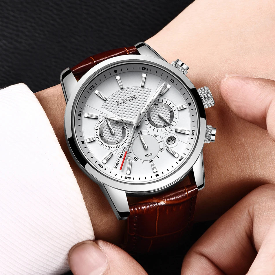 LIGE Mens Watches Luxury Waterproof Sport Man Watch Chronograph Military Genuine Leather Men Quartz Wristwatch Relogio Masculino