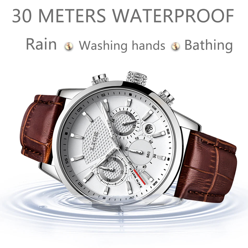 LIGE Mens Watches Luxury Waterproof Sport Man Watch Chronograph Military Genuine Leather Men Quartz Wristwatch Relogio Masculino
