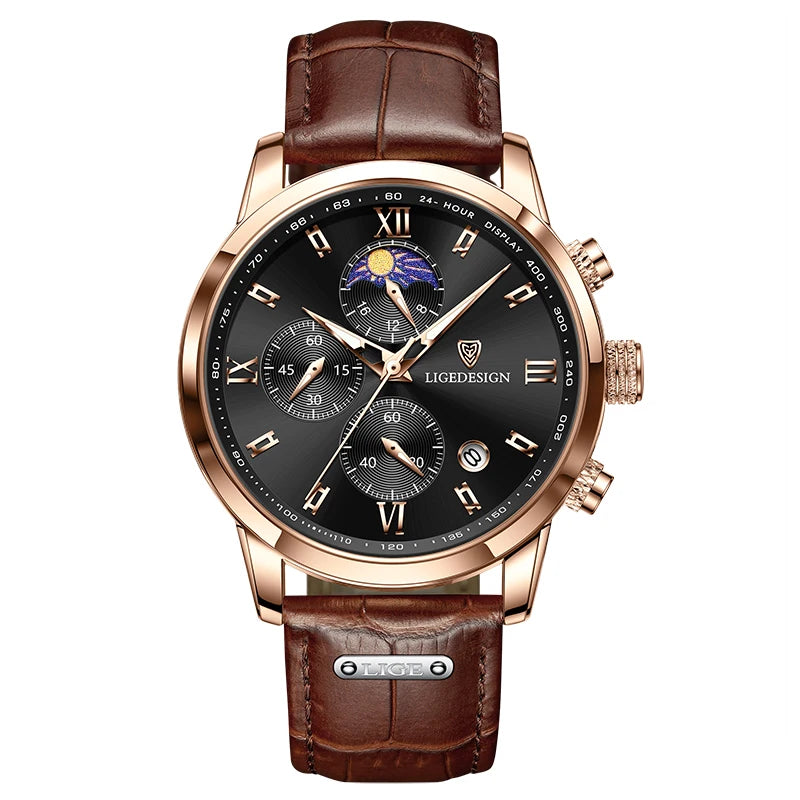 LIGE Luxury Fashion Women Watch Leather Strap Waterproof Casual Sport Quartz Wristwatch 24 hour Moon Phase Clock Watch for Women