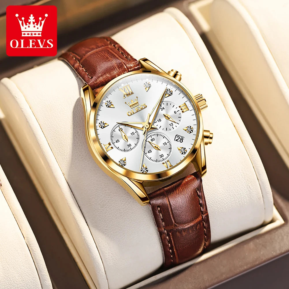 OLEVS 5523 Original Brand Women's Watches Fashion Waterproof Leather Strap Quartz Watch for Lady Chronograph Luminous Wristwatch