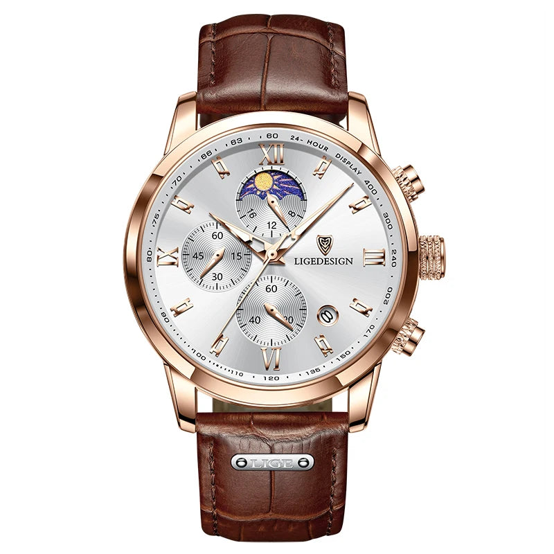 LIGE Luxury Fashion Women Watch Leather Strap Waterproof Casual Sport Quartz Wristwatch 24 hour Moon Phase Clock Watch for Women