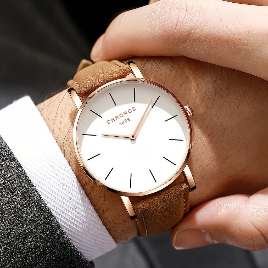 Minimalist Men’s Leather Watch – Luxury Quartz Style (Black/Brown)