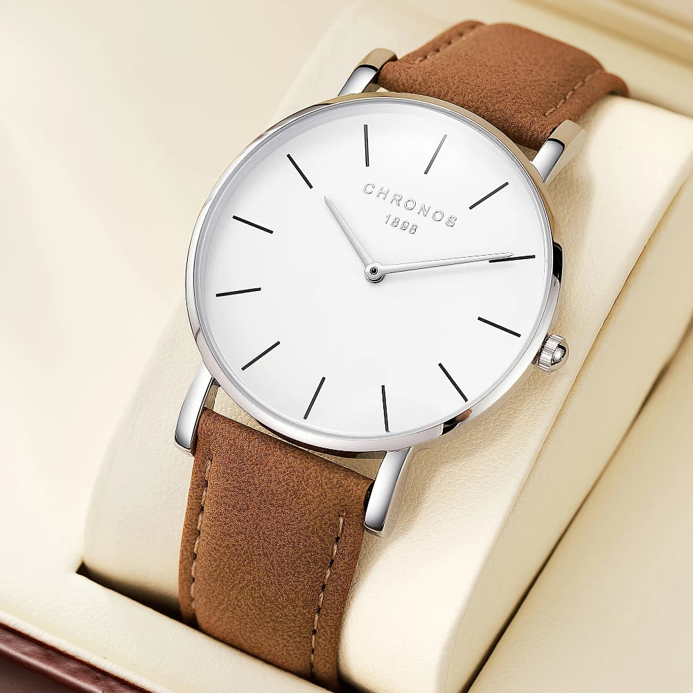 Minimalist Men’s Leather Watch – Luxury Quartz Style (Black/Brown)