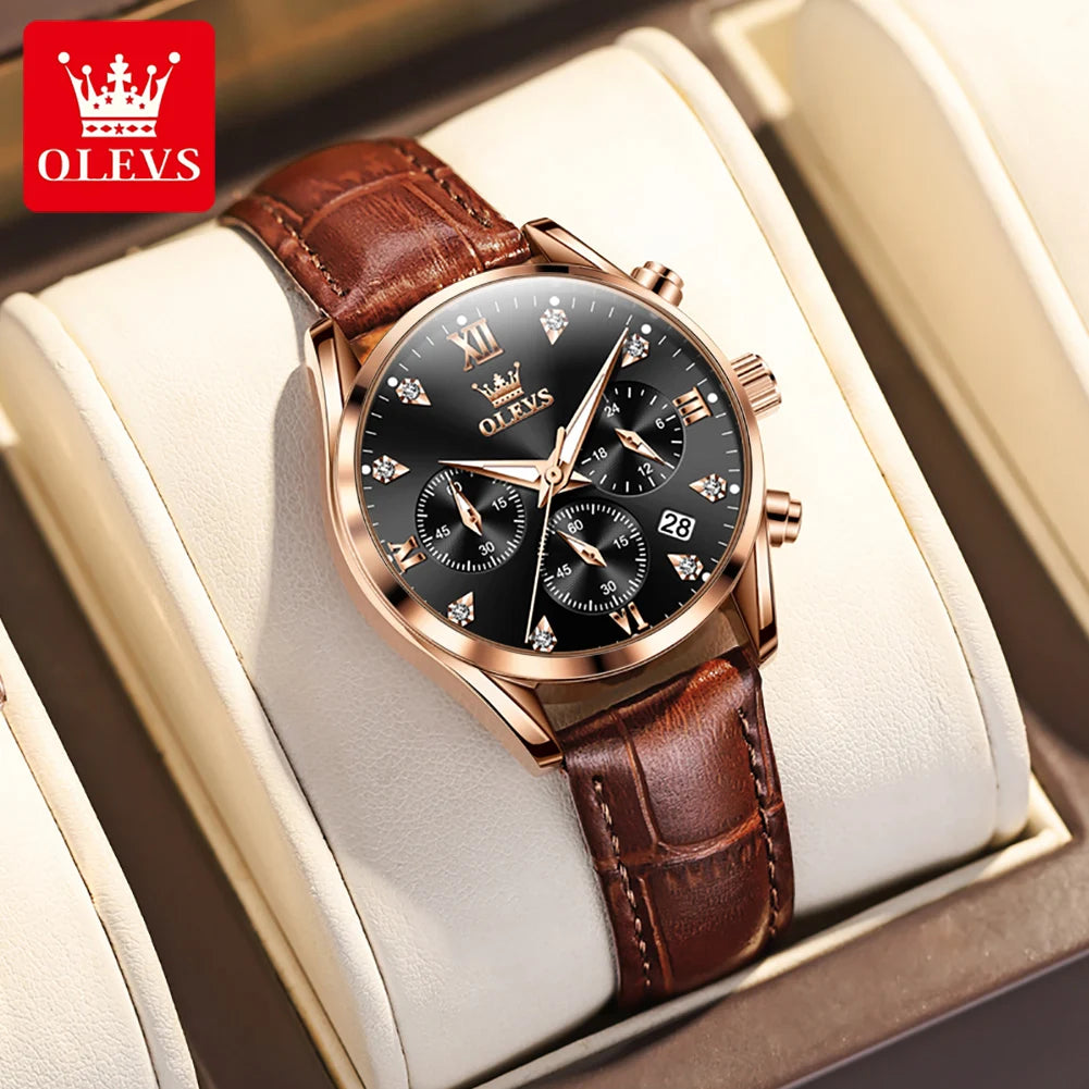 OLEVS 5523 Original Brand Women's Watches Fashion Waterproof Leather Strap Quartz Watch for Lady Chronograph Luminous Wristwatch