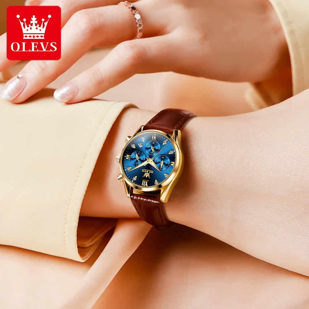 OLEVS 5523 Original Brand Women's Watches Fashion Waterproof Leather Strap Quartz Watch for Lady Chronograph Luminous Wristwatch