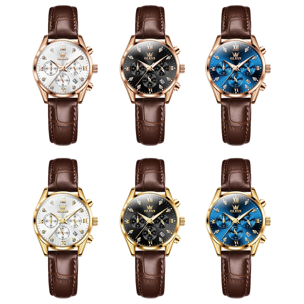 OLEVS 5523 Original Brand Women's Watches Fashion Waterproof Leather Strap Quartz Watch for Lady Chronograph Luminous Wristwatch