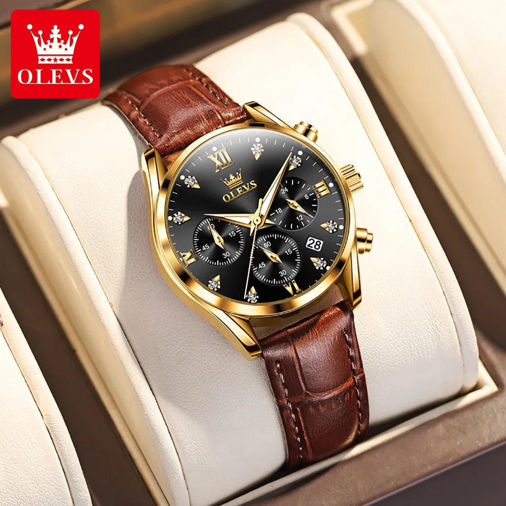 OLEVS 5523 Original Brand Women's Watches Fashion Waterproof Leather Strap Quartz Watch for Lady Chronograph Luminous Wristwatch