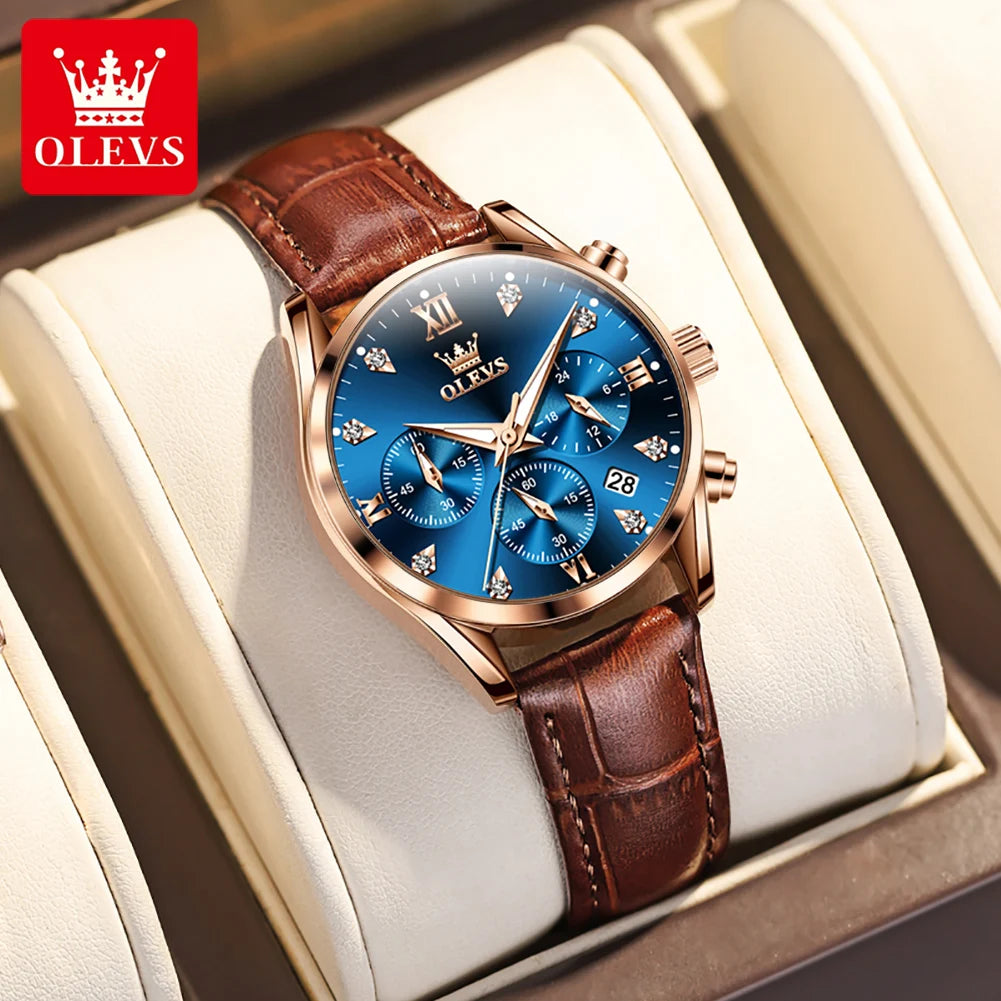 OLEVS 5523 Original Brand Women's Watches Fashion Waterproof Leather Strap Quartz Watch for Lady Chronograph Luminous Wristwatch