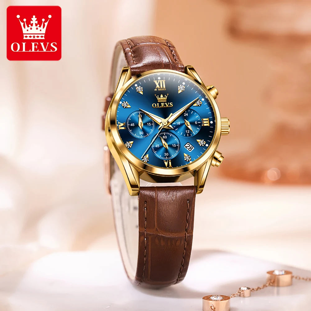 OLEVS 5523 Original Brand Women's Watches Fashion Waterproof Leather Strap Quartz Watch for Lady Chronograph Luminous Wristwatch